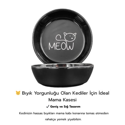 Seramik Kedi Mama ve Su Kabı | MEOW Baskılı 2 ADET Siyah KASE
