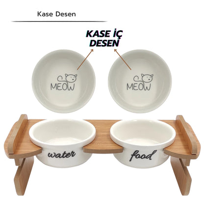 Yüksekliği Ayarlanabilir Bambu Desen Ahşap Standlı Water-Food Baskılı Beyaz Kaseli Mama ve Su Kabı | WF.FBMB.BK