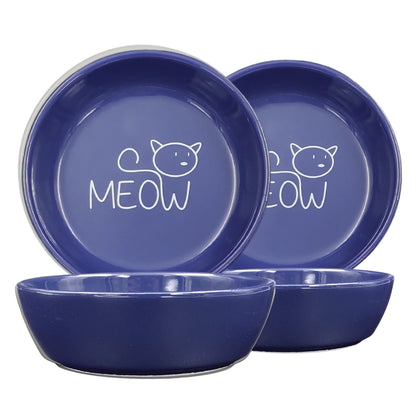 Seramik Kedi Mama ve Su Kabı | MEOW Baskılı 2 ADET Lacivert KASE