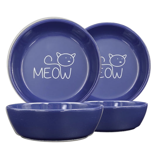Seramik Kedi Mama ve Su Kabı | MEOW Baskılı 2 ADET Lacivert KASE