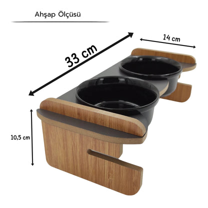 Yüksekliği Ayarlanabilir Seramik Kaseli | Antrasit Ahşap Standlı Mama ve Su Kabı | Siyah Kaseli | MAK.YA.2.ANT.SK
