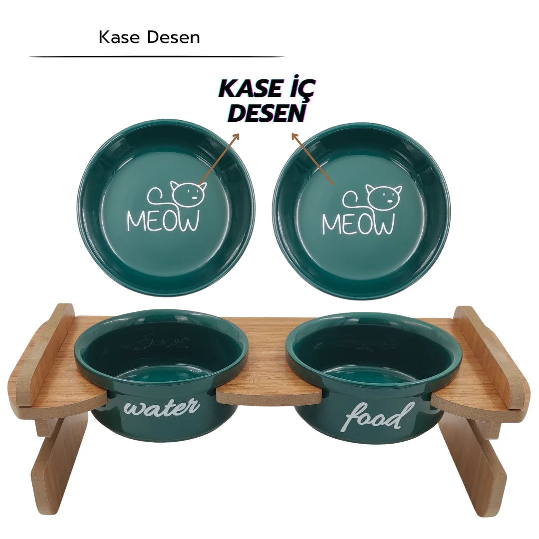 Yüksekliği Ayarlanabilir Bambu Desen Ahşap Standlı Water-Food Baskılı Yeşil Kaseli Mama ve Su Kabı | WF.FBMB.YK