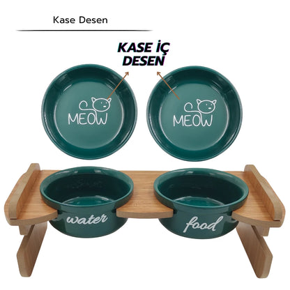 Yüksekliği Ayarlanabilir Bambu Desen Ahşap Standlı Water-Food Baskılı Yeşil Kaseli Mama ve Su Kabı | WF.FBMB.YK