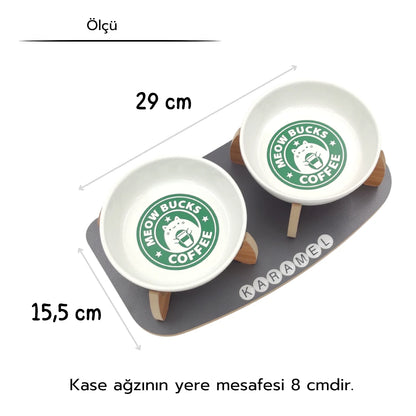 İsme Özel Kaydırmaz Tabanlı Seramik Kaseli Antrasit Ahşap Mama Ve Su Kabı – “MEOW BUCKS COFFEE” Baskılı Kaseler