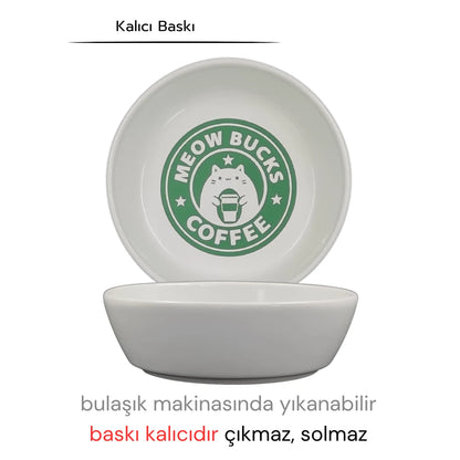 İsme Özel Kaydırmaz Tabanlı Seramik Kaseli Antrasit Ahşap Mama Ve Su Kabı – “MEOW BUCKS COFFEE” Baskılı Kaseler