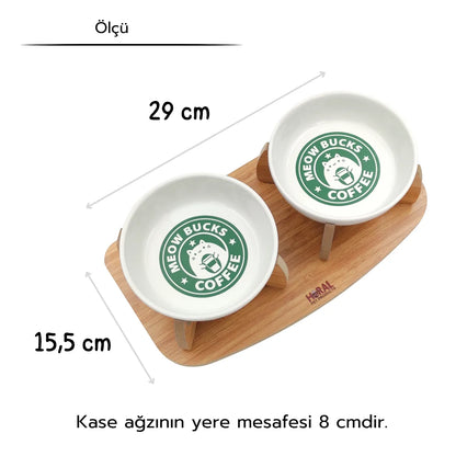 Kaydırmaz Tabanlı Seramik Kaseli Bambu Desen Ahşap Mama Ve Su Kabı – “MEOW BUCKS COFFEE” Baskılı Kaseler