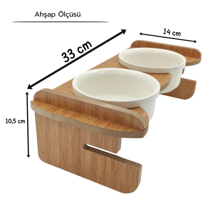 Yüksekliği Ayarlanabilir Seramik Kaseli | Bambu Desen Ahşap Standlı Mama ve Su Kabı | Beyaz Kaseli | MAK.YA.2.FBMB.BK