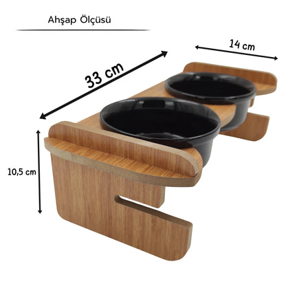 Yüksekliği Ayarlanabilir Seramik Kaseli | Bambu Desen Ahşap Standlı Mama ve Su Kabı | Siyah Kaseli | MAK.YA.2.FBMB.SK