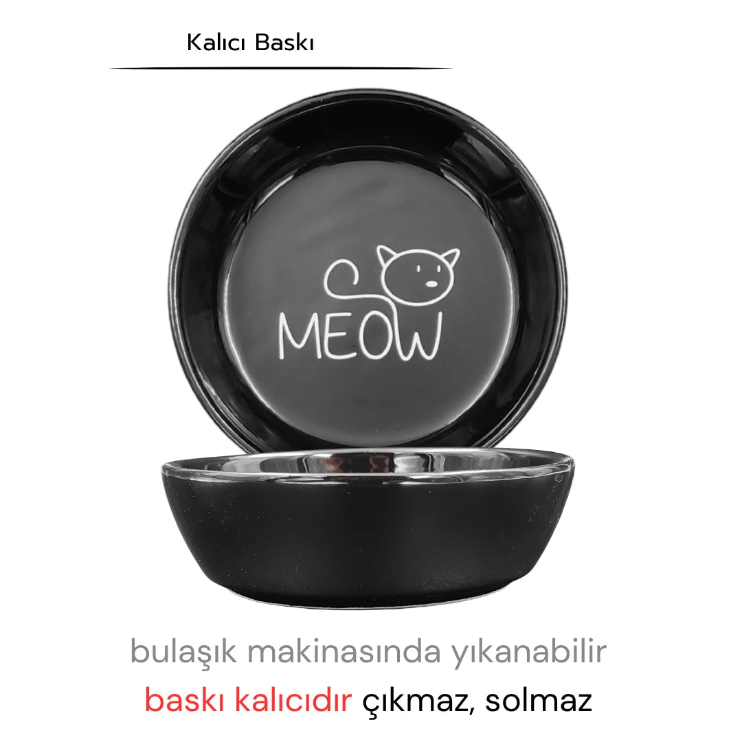 Seramik Kedi Mama ve Su Kabı | MEOW Baskılı 2 ADET Siyah KASE
