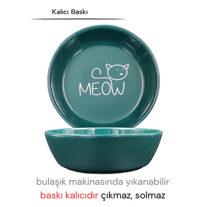 Kaydırmaz Tabanlı Seramik Kaseli Bambu Desen Ahşap Mama Ve Su Kabı – “MEOW” Yeşil Baskılı Kaseler