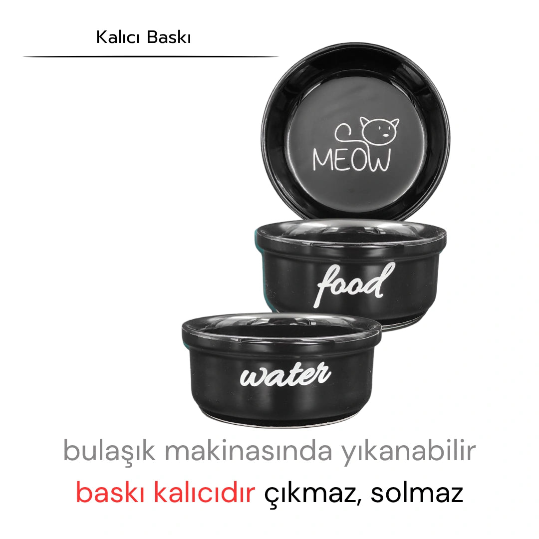 Yüksekliği Ayarlanabilir Antrasit Ahşap Standlı Water-Food Baskılı Siyah Kaseli Mama ve Su Kabı | WF.ANT.SK