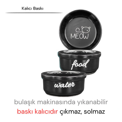 Yüksekliği Ayarlanabilir Antrasit Ahşap Standlı Water-Food Baskılı Siyah Kaseli Mama ve Su Kabı | WF.ANT.SK