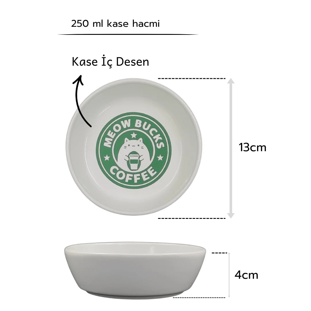 İsme Özel Kaydırmaz Tabanlı Seramik Kaseli Antrasit Ahşap Mama Ve Su Kabı – “MEOW BUCKS COFFEE” Baskılı Kaseler