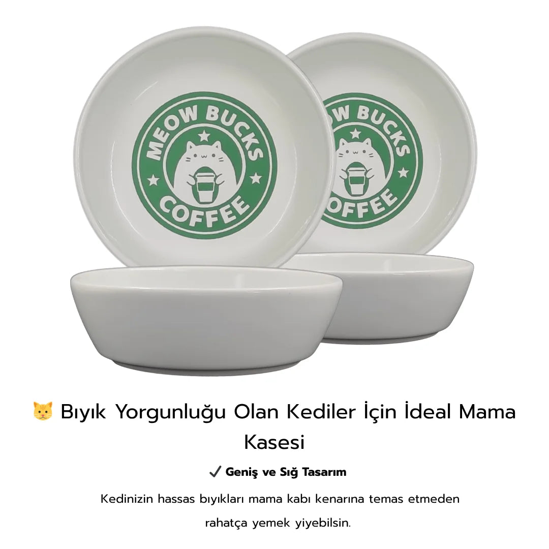 Kaydırmaz Tabanlı Seramik Kaseli Bambu Desen Ahşap Mama Ve Su Kabı – “MEOW BUCKS COFFEE” Baskılı Kaseler