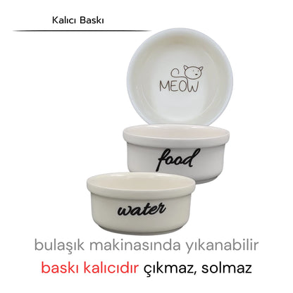 Yüksekliği Ayarlanabilir Bambu Desen Ahşap Standlı Water-Food Baskılı Beyaz Kaseli Mama ve Su Kabı | WF.FBMB.BK