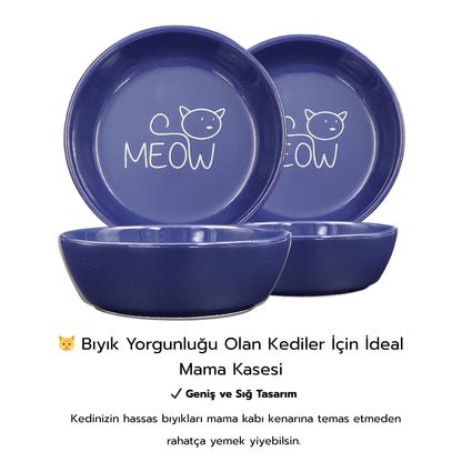 İsme Özel Kaydırmaz Tabanlı Seramik Kaseli Antrasit Ahşap Mama Ve Su Kabı – “MEOW” Lacivert Baskılı Kaseler