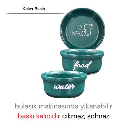 Yüksekliği Ayarlanabilir Bambu Desen Ahşap Standlı Water-Food Baskılı Yeşil Kaseli Mama ve Su Kabı | WF.FBMB.YK