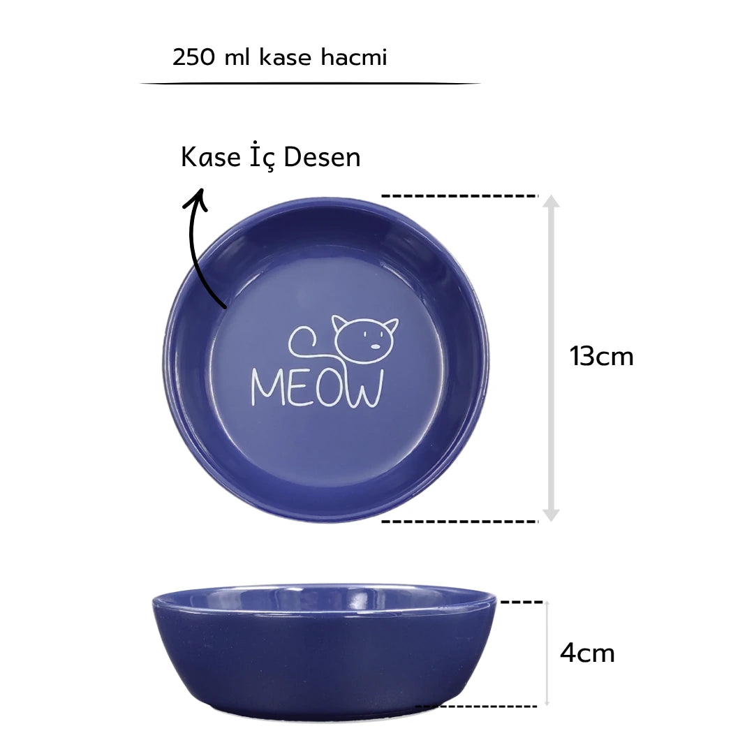 İsme Özel Kaydırmaz Tabanlı Seramik Kaseli Antrasit Ahşap Mama Ve Su Kabı – “MEOW” Lacivert Baskılı Kaseler