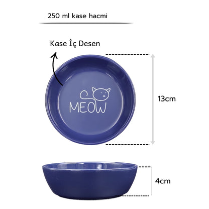 İsme Özel Kaydırmaz Tabanlı Seramik Kaseli Antrasit Ahşap Mama Ve Su Kabı – “MEOW” Lacivert Baskılı Kaseler