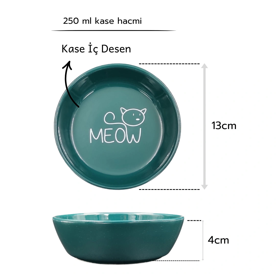 Kaydırmaz Tabanlı Seramik Kaseli Bambu Desen Ahşap Mama Ve Su Kabı – “MEOW” Yeşil Baskılı Kaseler