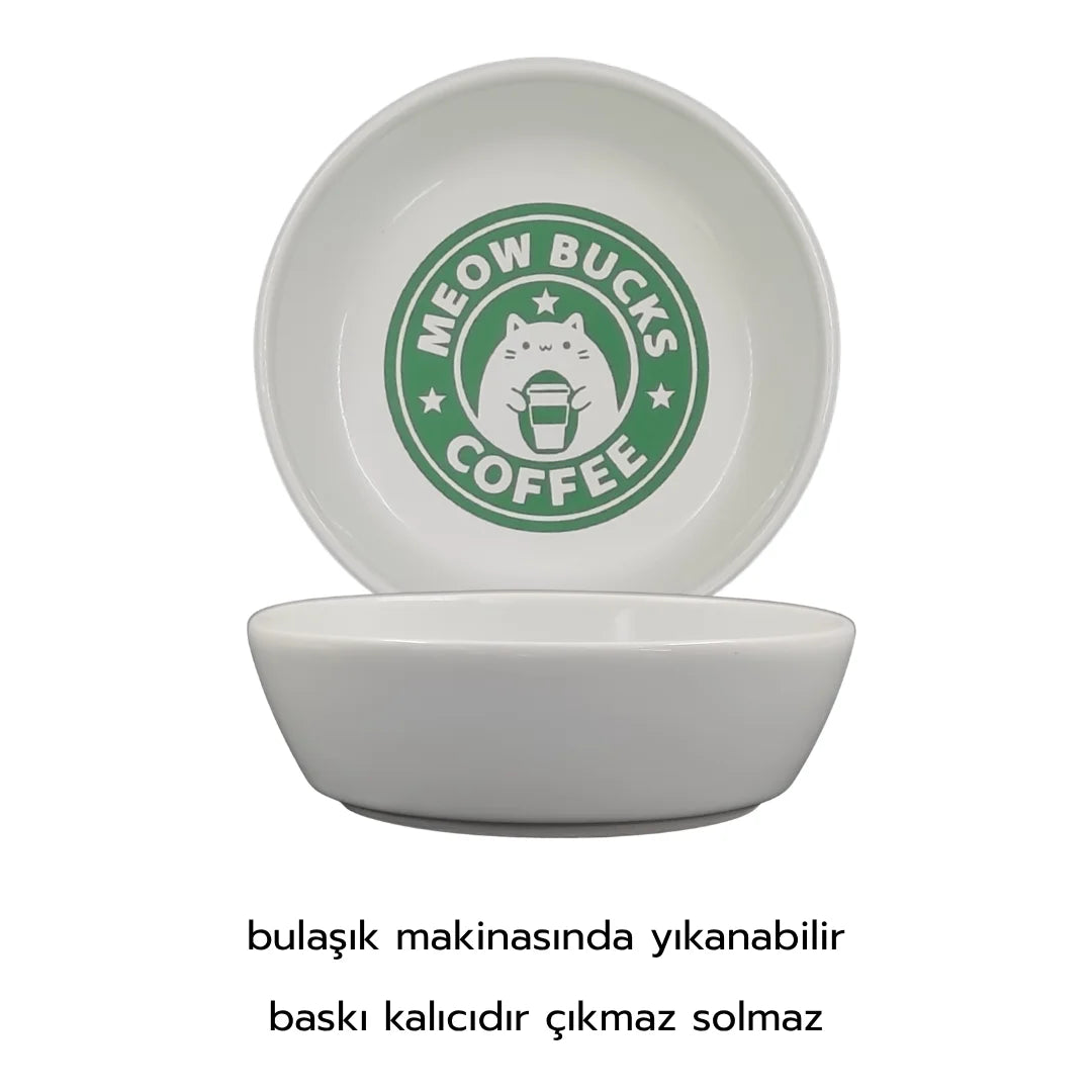 Kaydırmaz Tabanlı Seramik Kaseli Bambu Desen Ahşap Mama Ve Su Kabı – “MEOW BUCKS COFFEE” Baskılı Kaseler