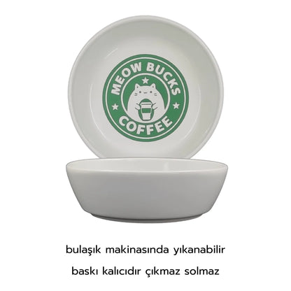 Kaydırmaz Tabanlı Seramik Kaseli Bambu Desen Ahşap Mama Ve Su Kabı – “MEOW BUCKS COFFEE” Baskılı Kaseler