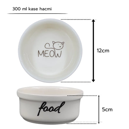 Yüksekliği Ayarlanabilir Bambu Desen Ahşap Standlı Water-Food Baskılı Beyaz Kaseli Mama ve Su Kabı | WF.FBMB.BK