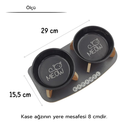 İsme Özel Kaydırmaz Tabanlı Seramik Kaseli Antrasit Ahşap Mama Ve Su Kabı – “MEOW” Siyah Baskılı Kaseler