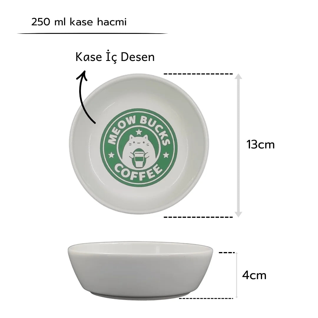Kaydırmaz Tabanlı Seramik Kaseli Bambu Desen Ahşap Mama Ve Su Kabı – “MEOW BUCKS COFFEE” Baskılı Kaseler