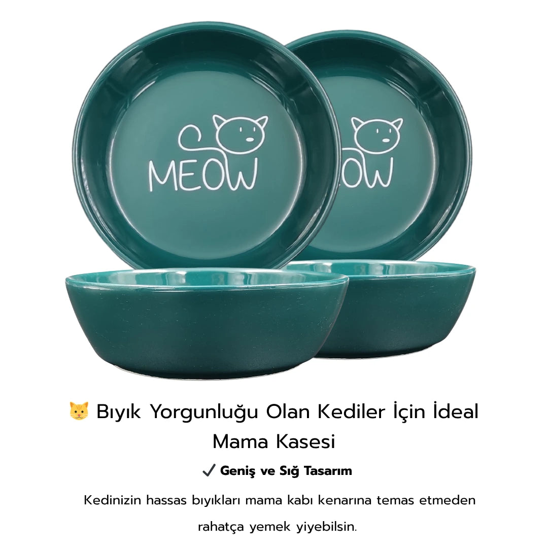 Kaydırmaz Tabanlı Seramik Kaseli Bambu Desen Ahşap Mama Ve Su Kabı – “MEOW” Yeşil Baskılı Kaseler