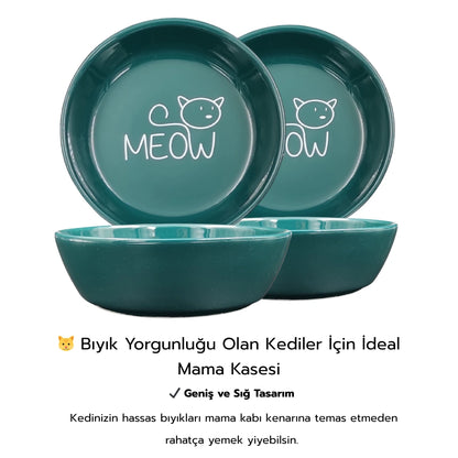Kaydırmaz Tabanlı Seramik Kaseli Bambu Desen Ahşap Mama Ve Su Kabı – “MEOW” Yeşil Baskılı Kaseler