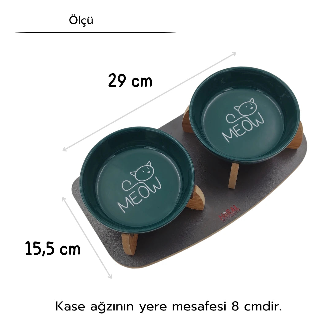 Kaydırmaz Tabanlı Seramik Kaseli Antrasit Ahşap Mama Ve Su Kabı – “MEOW” Yeşil Baskılı Kaseler