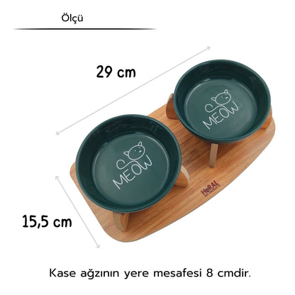 Kaydırmaz Tabanlı Seramik Kaseli Bambu Desen Ahşap Mama Ve Su Kabı – “MEOW” Yeşil Baskılı Kaseler
