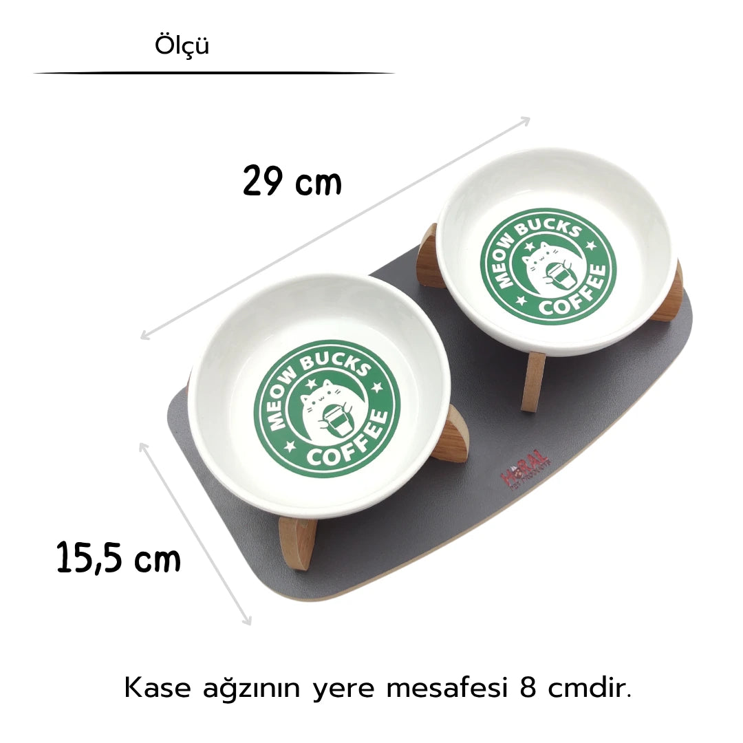 Kaydırmaz Tabanlı Seramik Kaseli Antrasit Ahşap Mama Ve Su Kabı – “MEOW BUCKS COFFEE” Baskılı Kaseler