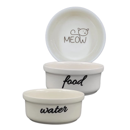 Seramik Kedi Mama ve Su Kabı | MEOW Water Food Baskılı 2 ADET Beyaz  KASE