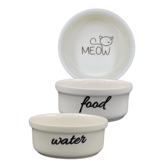 Seramik Kedi Mama ve Su Kabı | MEOW Water Food Baskılı 2 ADET Beyaz  KASE