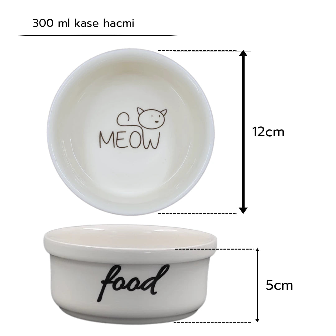 Seramik Kedi Mama ve Su Kabı | MEOW Water Food Baskılı 2 ADET Beyaz  KASE