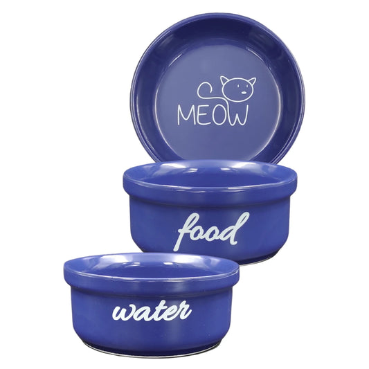 Seramik Kedi Mama ve Su Kabı | MEOW Water Food Baskılı 2 ADET Lacivert KASE