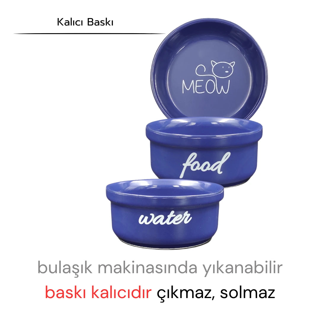 Yüksekliği Ayarlanabilir Bambu Desen Ahşap Standlı Water-Food Baskılı Lacivert Kaseli Mama ve Su Kabı | WF.FBMB.LK