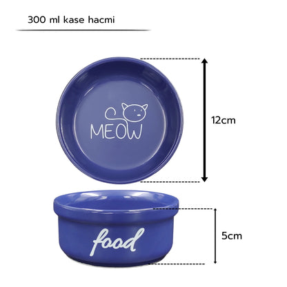 Seramik Kedi Mama ve Su Kabı | MEOW Water Food Baskılı 2 ADET Lacivert KASE