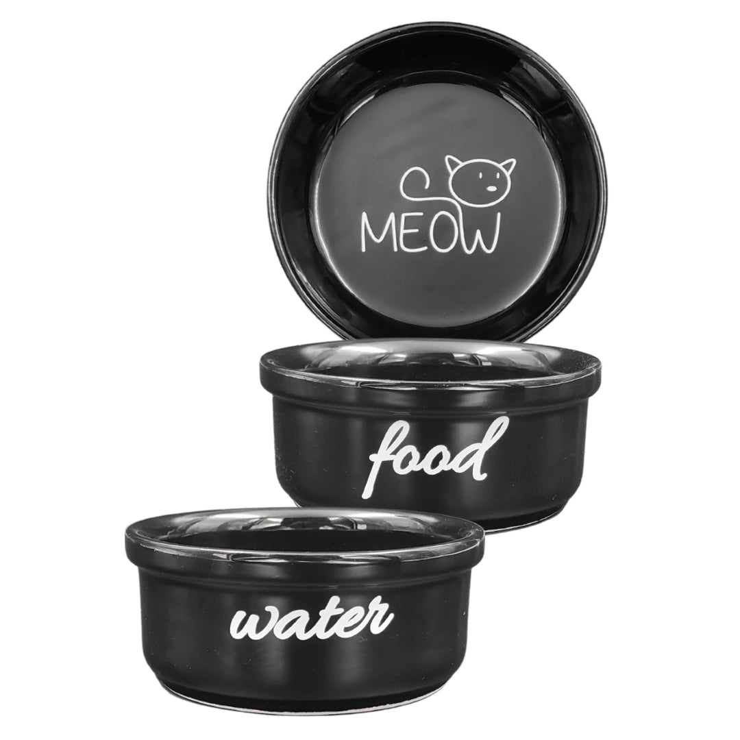 Seramik Kedi Mama ve Su Kabı | MEOW Water Food Baskılı 2 ADET Siyah KASE