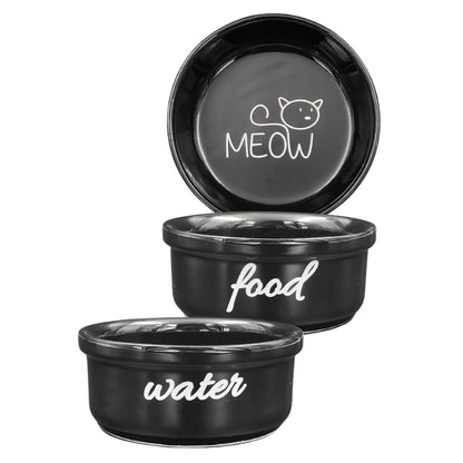 Seramik Kedi Mama ve Su Kabı | MEOW Water Food Baskılı 2 ADET Siyah KASE