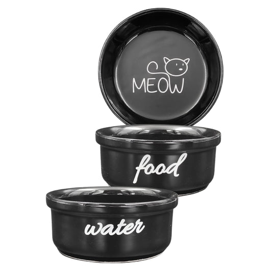 Seramik Kedi Mama ve Su Kabı | MEOW Water Food Baskılı 2 ADET Siyah KASE