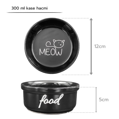 Seramik Kedi Mama ve Su Kabı | MEOW Water Food Baskılı 2 ADET Siyah KASE