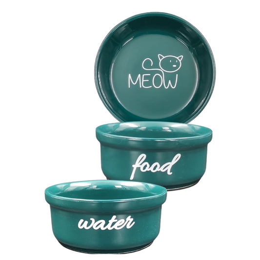 Seramik Kedi Mama ve Su Kabı | MEOW Water Food Baskılı 2 ADET Yeşil KASE