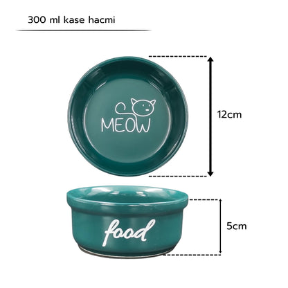 Seramik Kedi Mama ve Su Kabı | MEOW Water Food Baskılı 2 ADET Yeşil KASE