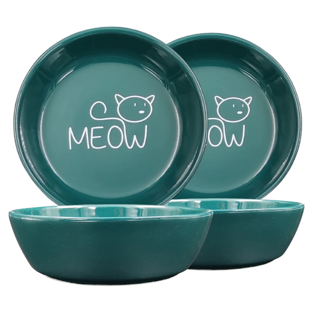 Seramik Kedi Mama ve Su Kabı | MEOW Baskılı 2 ADET Yeşil KASE