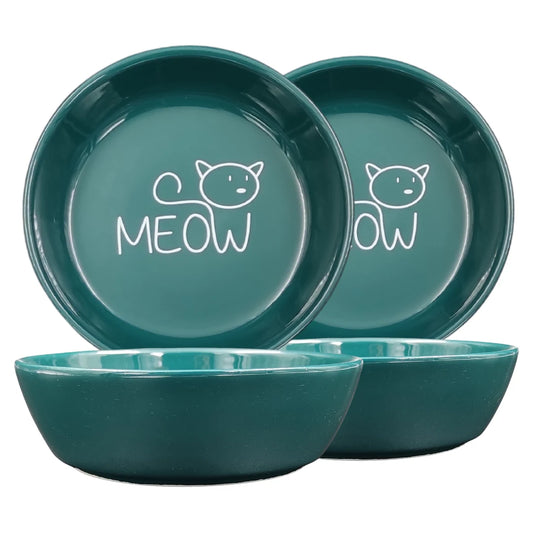 Seramik Kedi Mama ve Su Kabı | MEOW Baskılı 2 ADET Yeşil KASE