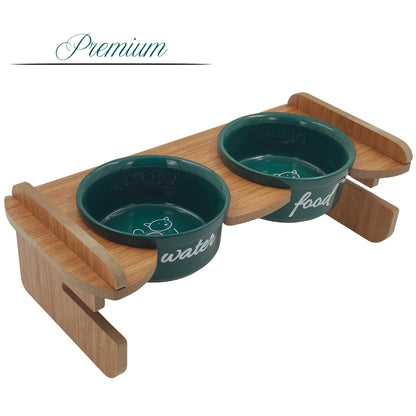 Yüksekliği Ayarlanabilir Bambu Desen Ahşap Standlı Water-Food Baskılı Yeşil Kaseli Mama ve Su Kabı | WF.FBMB.YK