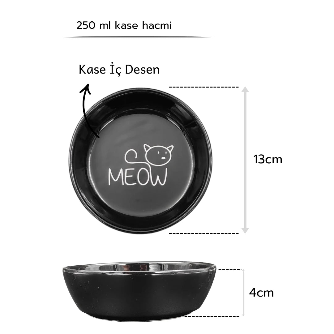 İsme Özel Kaydırmaz Tabanlı Seramik Kaseli Bambu Desen Ahşap Mama Ve Su Kabı – “MEOW” Siyah Baskılı Kaseler